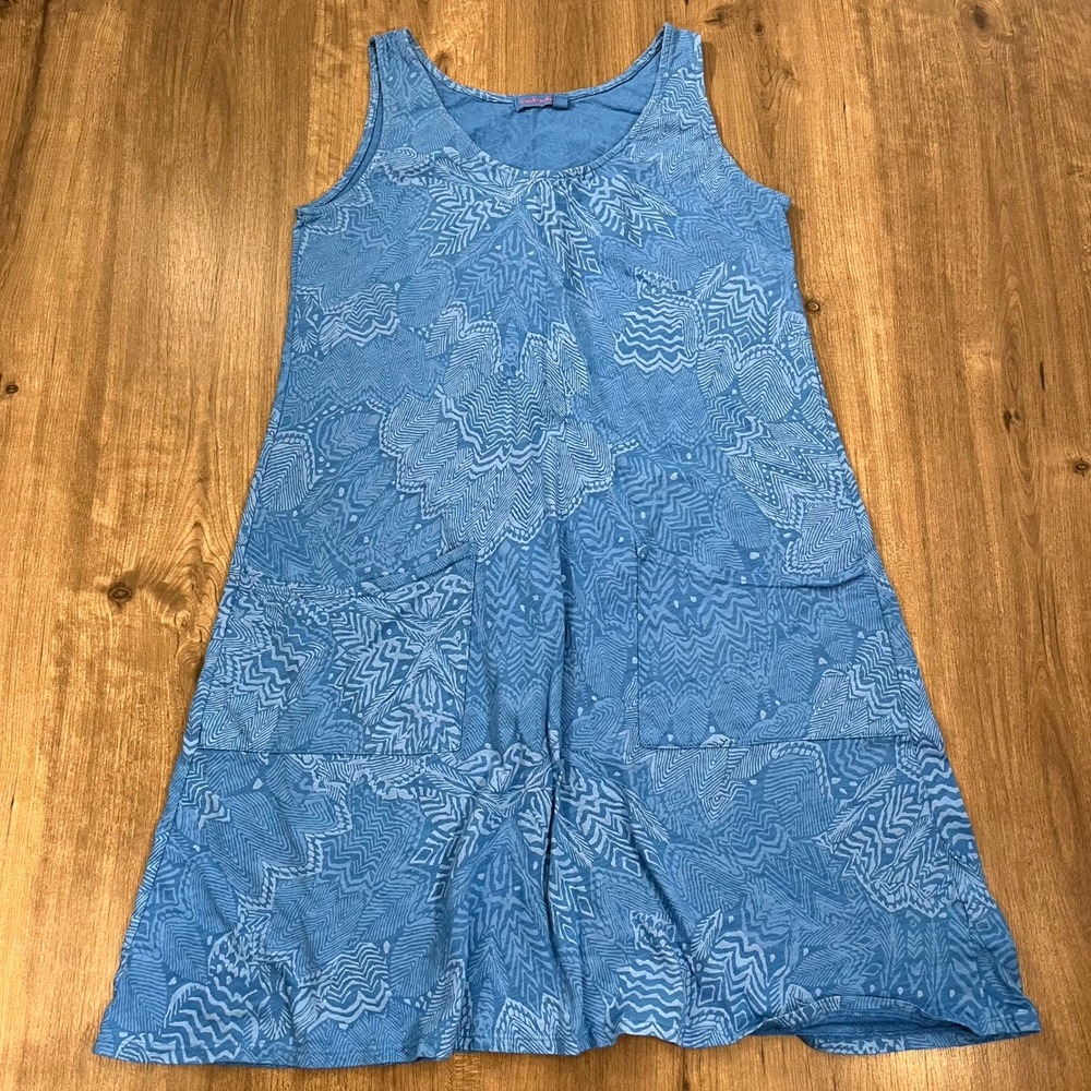 Fresh Produce Drape Dress Tank Sleeveless Blue Patterned Pockets Cotton Women M